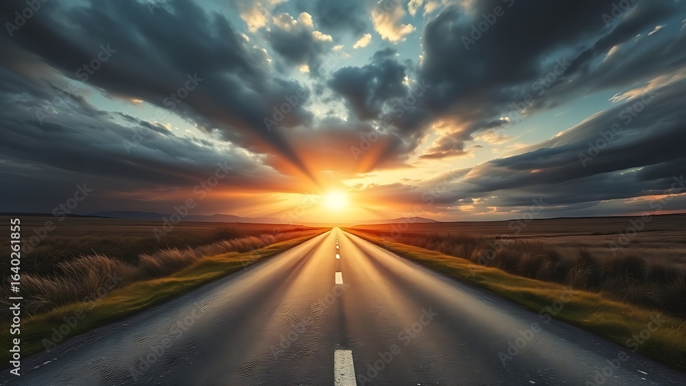 Naklejka premium A dramatic split in the road under a moody sky, symbolizing life's pivotal choices.