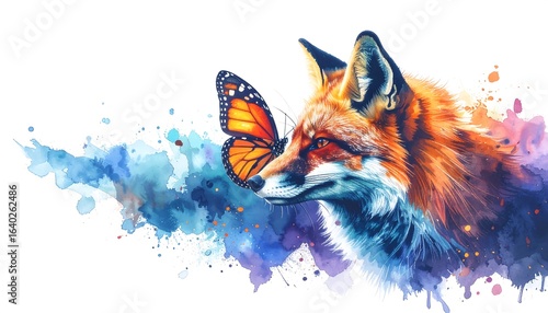 Fox and butterfly watercolor illustration