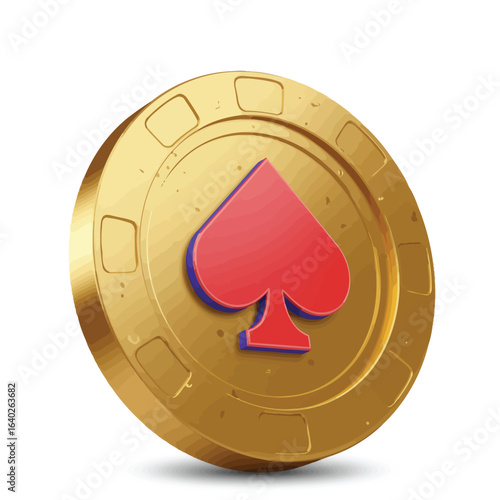 Golden Poker Chip with Red Spade Symbol Illustrating Casino Gambling Concept