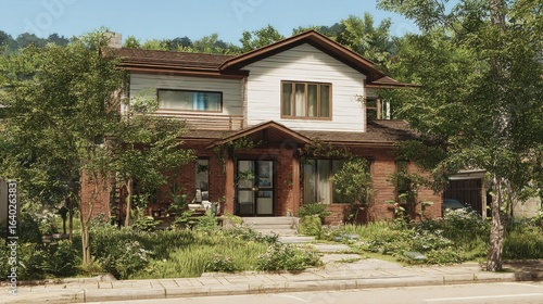 Wallpaper Mural Charming Two-Story House with Brick Facade and Lush Garden Landscaping in Residential Neighborhood Torontodigital.ca