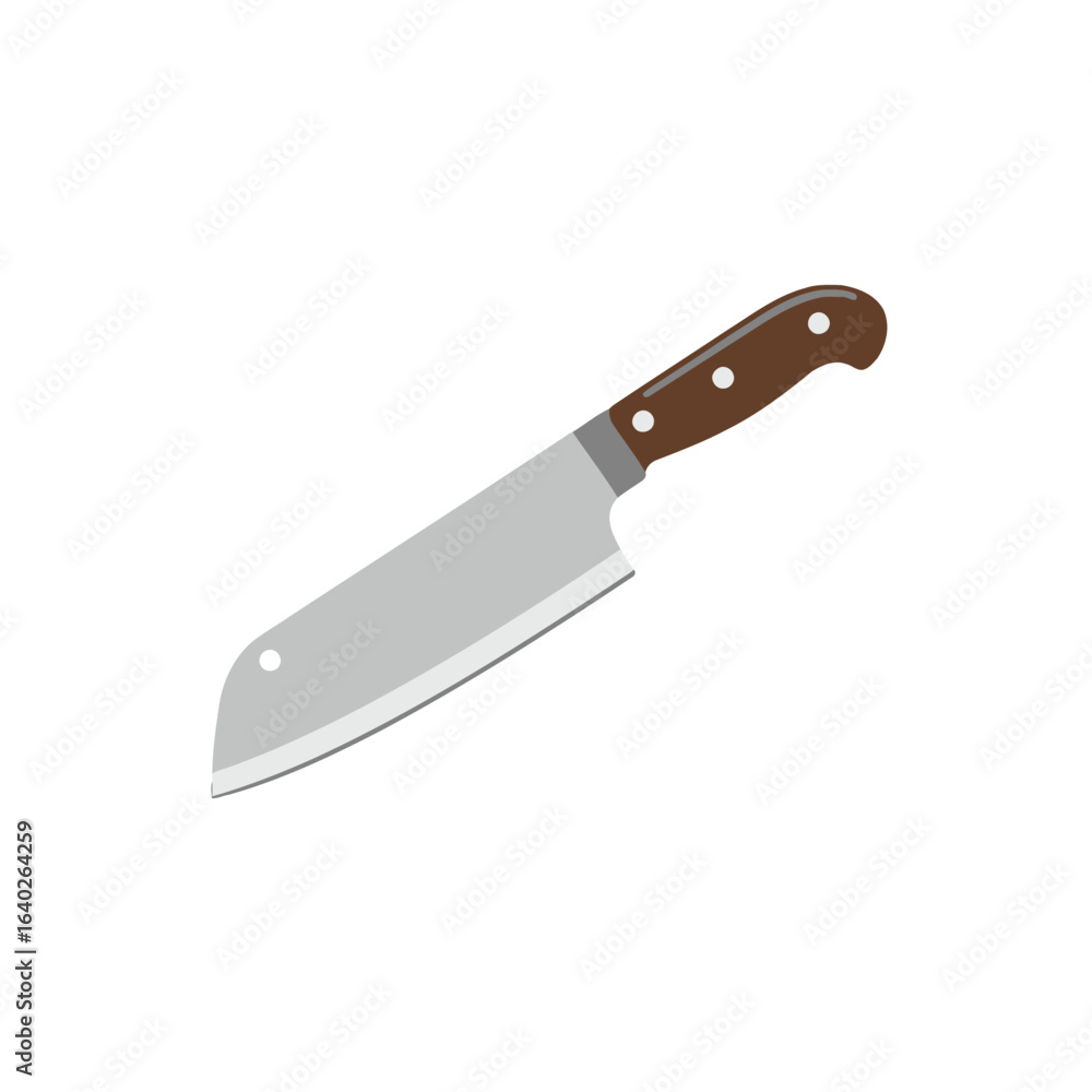 An illustration of a Santoku kitchen knife with a wide steel blade and a brown riveted handle. An illustration of a Santoku kitchen knife with a wide steel blade and a brown riveted handle.