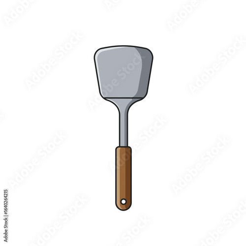 A cartoon illustration of a metal wok spatula with a brown wooden handle on a white background.