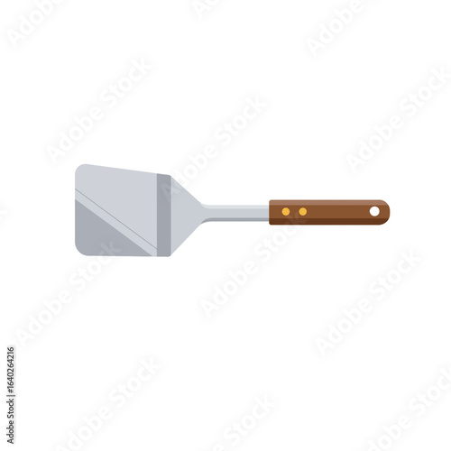 A simple flat icon of a metal grilling spatula with a brown wooden handle.