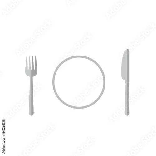 A minimalist grey icon of a dining place setting with a fork, an empty plate, and a knife on a white background.