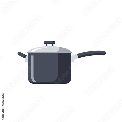 A dark grey saucepan with a silver lid, long handle, and helper handle, depicted in a flat vector style.