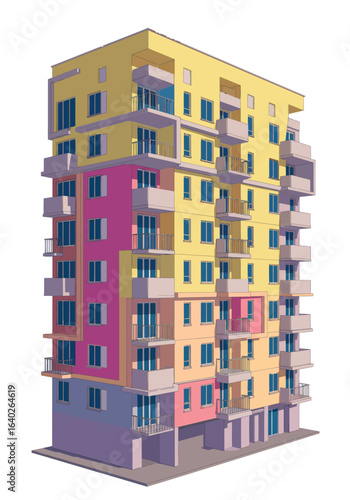 Geometric architectural render showcases vibrant and modern residential building