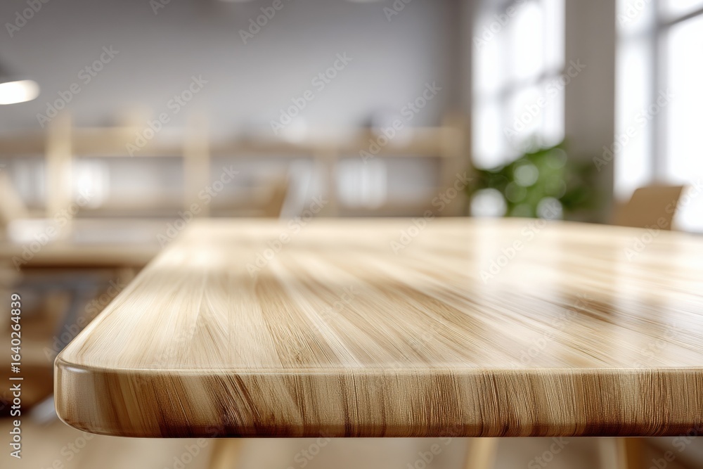 Fototapeta premium Wood Table Top in Bright Modern Office Setting, Close-up View for Product Mockups and Presentation