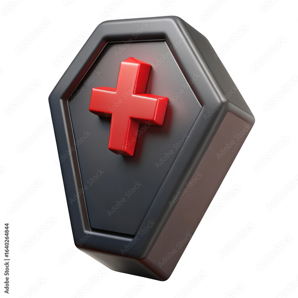 Obraz premium A stylized 3d render of a dark hexagonal coffin shape with a bright red cross emblem on its lid isolated on transparent background