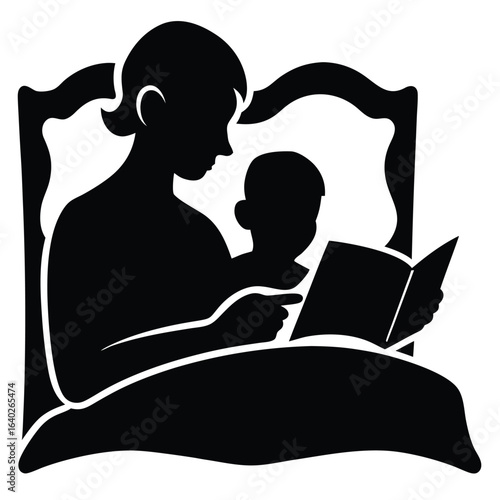 a parent and child reading on bed. Love, parenting, and peacefulness theme