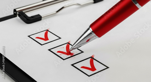 Wallpaper Mural A close-up shot shows a bright red pen marking checkmarks within three squares on a white sheet of paper The paper is attached to a clipboard suggesting a task list or survey Torontodigital.ca