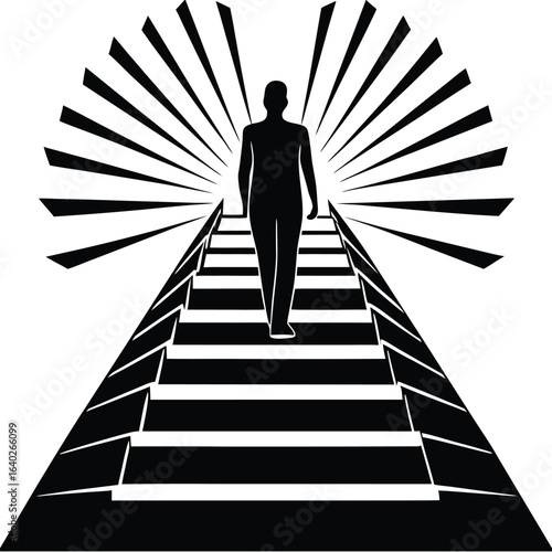 a person ascending stairs into brightness. Success, motivation, or self-growth theme