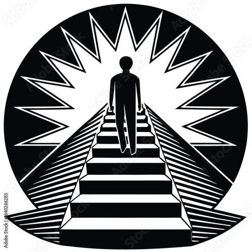 a person ascending stairs into brightness. Success, motivation, or self-growth theme