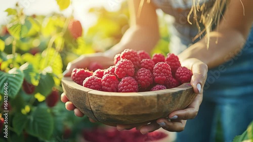 Raspberry hand-picked organic harvest Freshly harvested raspberries in a wooden bowl outdoors.	
