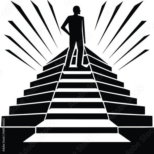 a person ascending stairs into brightness. Success, motivation, or self-growth theme