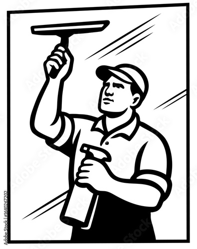 A worker uses a squeegee to clean glass surfaces, ensuring clarity and shine. The focus is on the detailed action of cleaning and the tools involved.