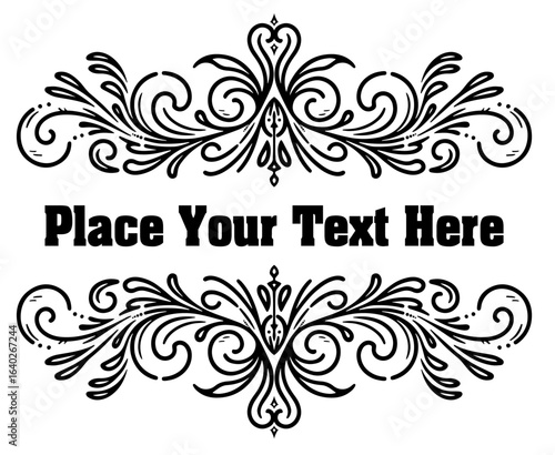 A decorative vector frame features ornate swirls and flourishes surrounding a blank area ready for custom text. Ideal for invitations or announcements.