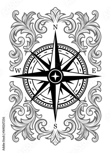 A detailed wind rose vector design featuring distinctive compass points and decorative ornate borders, ideal for use in various graphic design projects.