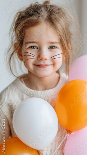Smiling girl with cat makeup holding colorful balloons for a fun celebration