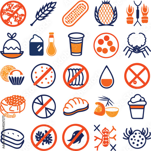 Collection of food and drink icons with prohibition signs and allergy symbols vector illustration