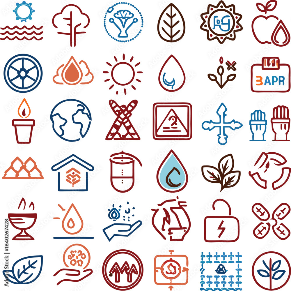 Fototapeta premium Collection of nature and renewable energy icons in blue and orange ecology environment