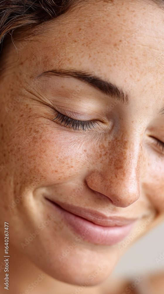 Close-up of smiling young caucasian female with freckles and closed eyes Close-up of smiling young caucasian female with freckles and closed eyes