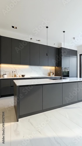 Sleek Black Kitchen Interior with Marble Countertops and Island Featuring a Modern Design Style in a Bright Residential Home with White Tiled Flooring