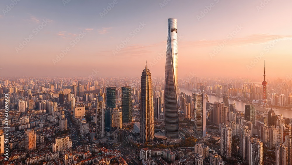 Fototapeta premium Panoramic cityscape at sunrise. Elevated view of a bustling Asian metropolis, featuring towering skyscrapers and a wide expanse of city buildings. 