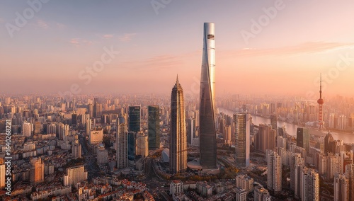 Panoramic cityscape at sunrise.  Elevated view of a bustling Asian metropolis, featuring towering skyscrapers and a wide expanse of city buildings. 