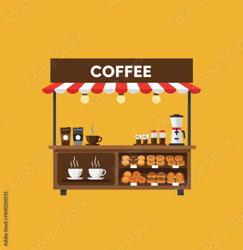 A coffee stand featuring a sign reading "Coffee" with cups, pastries, and a coffee maker on display against a yellow background.