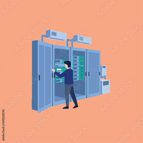 An illustration of a technician opening a cabinet in a server room with a light orange background to show the technician working with the server.