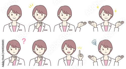 白衣の若い女性のポーズセット（肌の色あり）