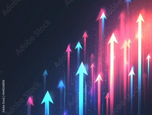 Fototapeta Naklejka Na Ścianę i Meble -  Upward Growing Arrows with Neon Glow and Streaks of Light on Dark Background growth progress