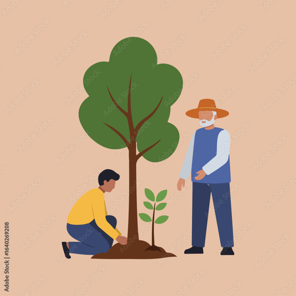 Illustration of a young man planting a tree with an older man watching, symbolizing environmental awareness and intergenerational learning. Illustration of a young man planting a tree with an older man watching, symbolizing environmental awareness and intergenerational learning.
