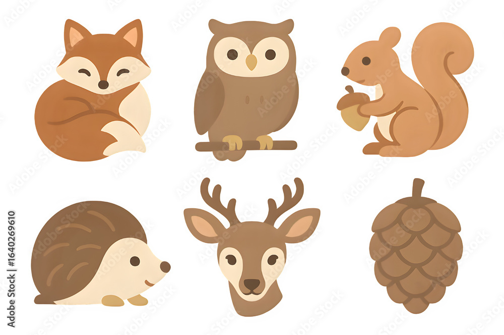Fototapeta premium Cozy Minimalist Woodland Icons: Fox, Owl, Squirrel & More