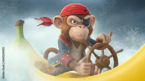 Cartoon Pirate Monkeys Banana Boat Adventure A Whimsical 3D Animated Voyage Through Stormy Seas.