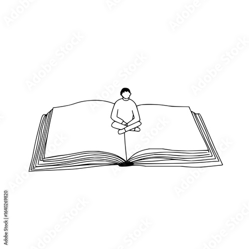 A minimalist drawing of a person sitting cross legged on a large open book in black and white style