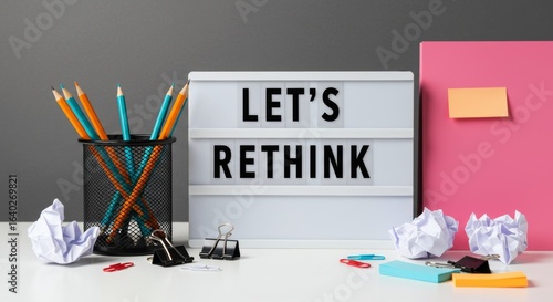 Workspace inspiration: 'Let's Rethink' message with vibrant stationery and creative clutter