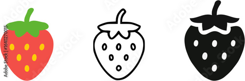 Three different styles of strawberry icons: a colorful illustration, a black and white outline, and a solid black silhouette.