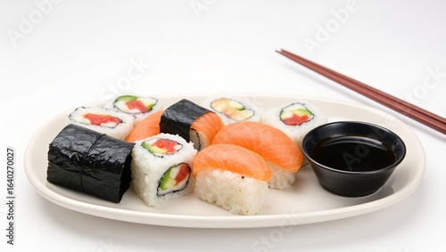 Plate of fresh sushi rolls and salmon nigiri served with soy sauce and chopsticks. Traditional Japanese cuisine with colorful presentation.