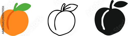 Three stylized icons of a peach or plum, one colored orange with a green leaf, one outlined in black, and one solid black silhouette.