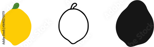A set of three lemon fruit icons in color, outline, and silhouette styles.