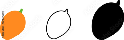 Three mango illustrations: a colored mango, an outline, and a black silhouette.