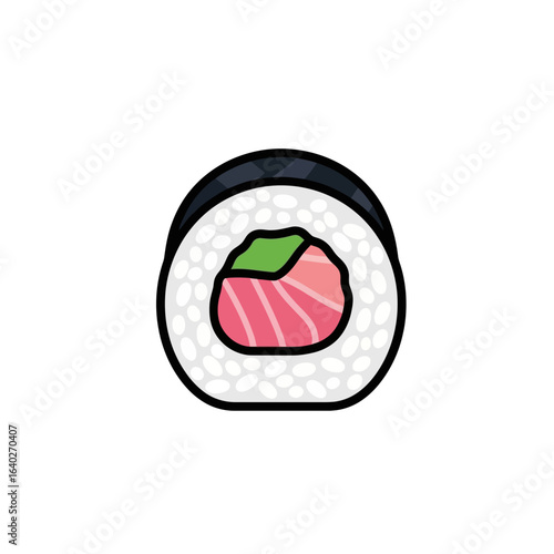 A simple icon illustration of a single maki sushi roll with nori, rice, tuna, and a green vegetable.