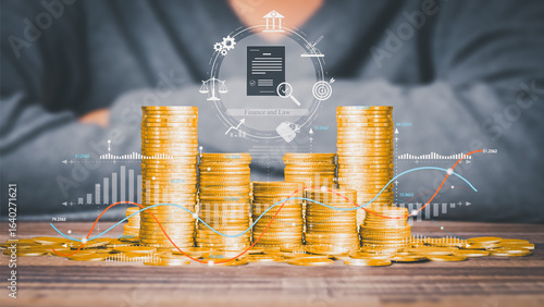 A person stands behind stacks of gold coins with a virtual interface showing finance and law icons, symbolizing investment, financial regulation, and wealth management.