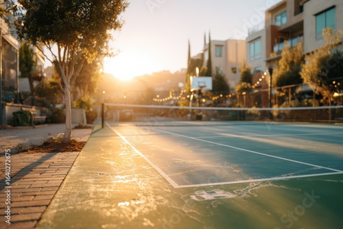 Peaceful Sunset Over a Serene Outdoor Tennis Court with Warm Lighting and Lush Greenery in a Residential Setting