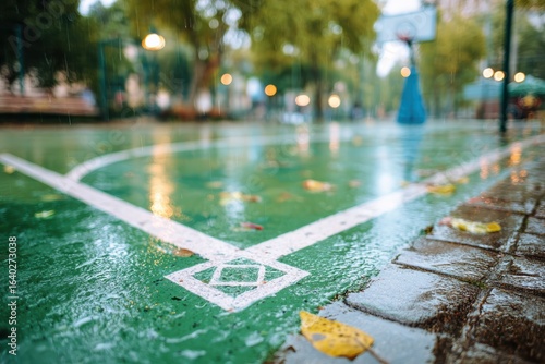 Rain-soaked basketball court in an empty park with autumn leaves scattered on the vibrant green surface, showcasing the tranquility of a rainy day atmosphere for sports and nature lovers.