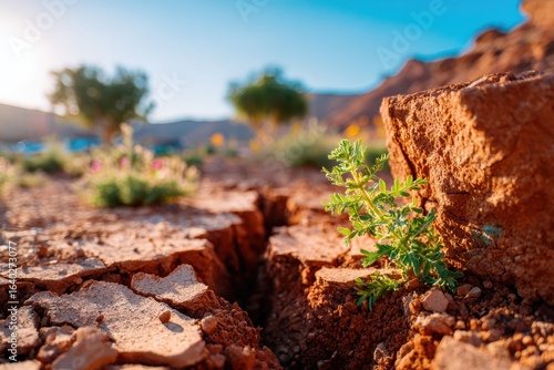 Resilient Green Plant Growing Among Cracked Soil in Desert Landscape Under Bright Blue Sky Captured During Warm Sunset Hours