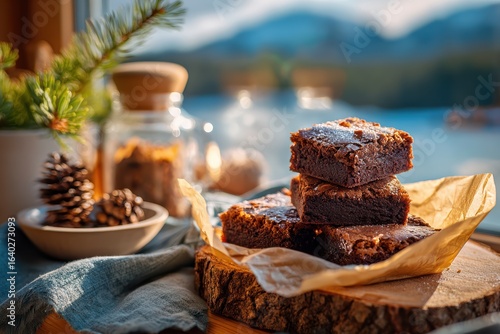 Rich Chocolate Brownies Resting on Wooden Board with Pine Cones, Cozy Background of Mountains and Natural Elements, Perfect for Delicious Dessert Promotion