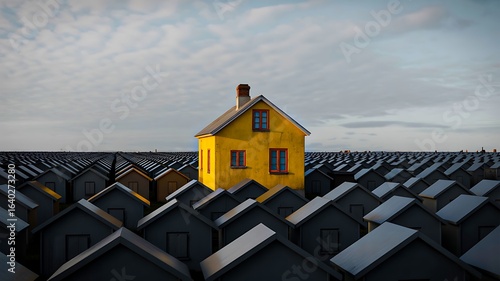 A unique yellow house standing out among dark gray houses