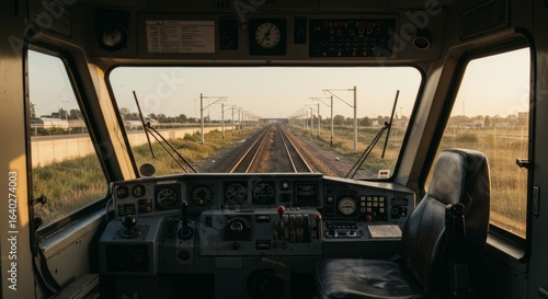 Train cabin view overlooking railroad tracks stretching into the horizon